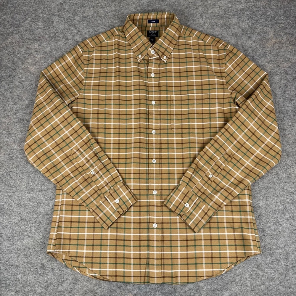 J Crew Flex Oxford Button Down Shirt Slim Long Sleeve Plaid Brown Mens Large L